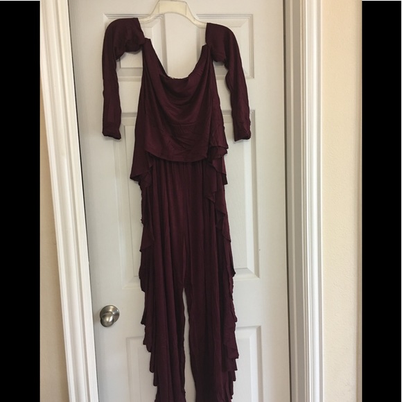 Plum Ruffled Off Shoulder Jumpsuit - Picture 3 of 3